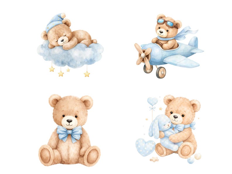 Blue Teddy Bear Clipart Bundle | Baby Boy Bear PNG | Watercolor Nursery ...