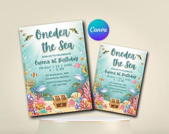 Under the Sea 1st Birthday Invitation: Ocean Party, Canva Template (Digital Download)