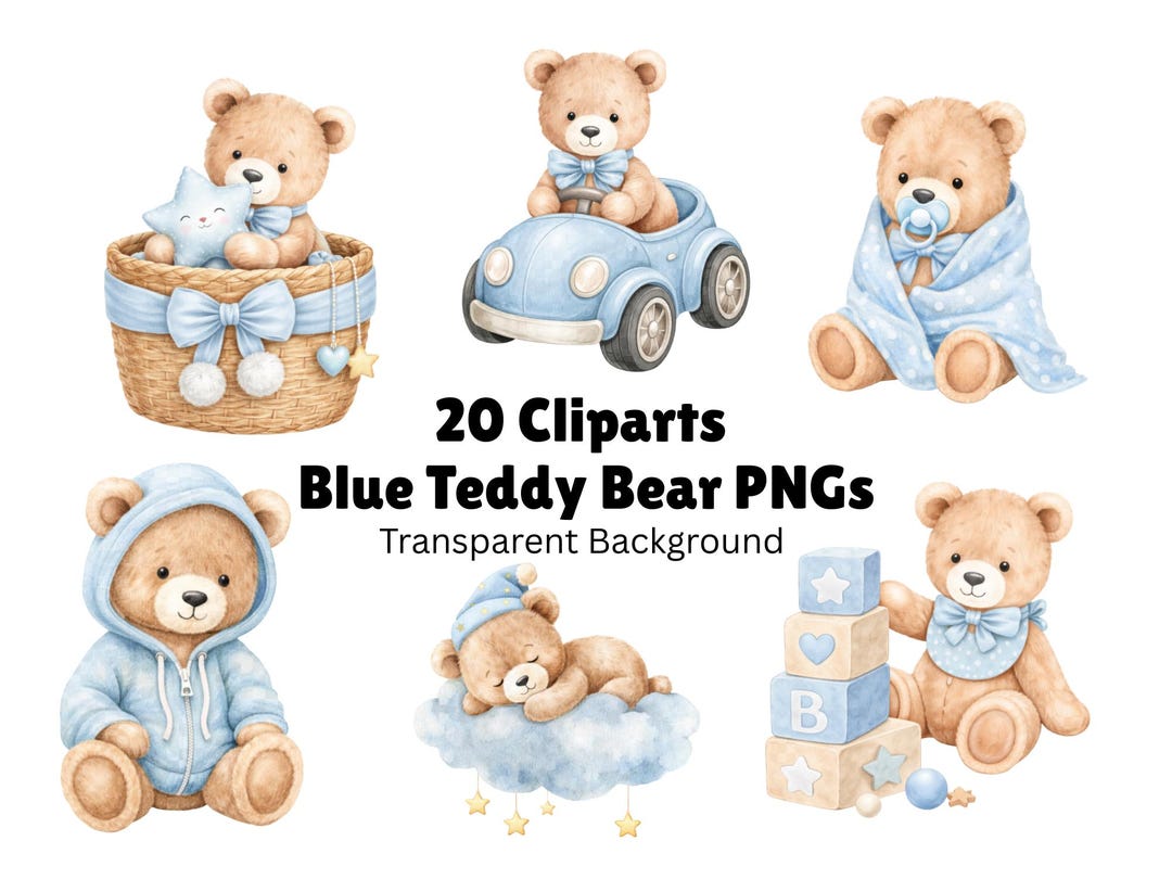 Blue Teddy Bear Clipart Bundle | Baby Boy Bear PNG | Watercolor Nursery ...