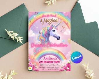 Invitación de cumpleaños de unicornio mágico: Invitación editable para fiesta arcoíris (Descarga digital)