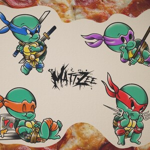 May include: A sheet of four cartoon Teenage Mutant Ninja Turtles illustrations. Each turtle is green with a different colored mask and weapon. The artist's name, MATTZEE, is written in black, stylized lettering.