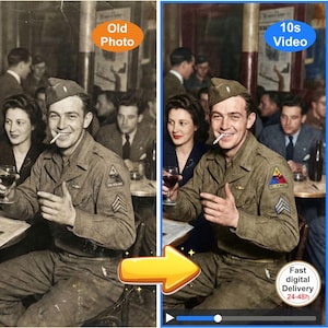 Peut inclure: Comparaison côte à côte d'une photo en noir et blanc et d'une version colorisée. L'image colorisée montre un soldat souriant en uniforme kaki, tenant une cigarette et faisant un signe de pouce. Texte : "Old Photo" et "10s Video".
