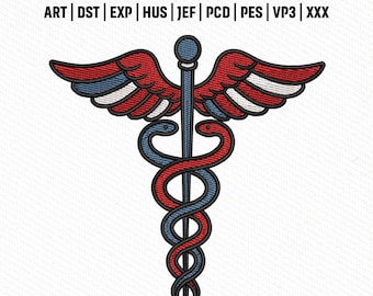 Archivo de bordado del Caduceo Médico de EE. UU., diseño de símbolo patriótico de la salud, puntada de libertad, descarga instantánea.