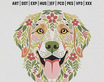 Golden Retriever Hund Stickdatei, Blumenmuster Tier Stickdatei, digitaler Download