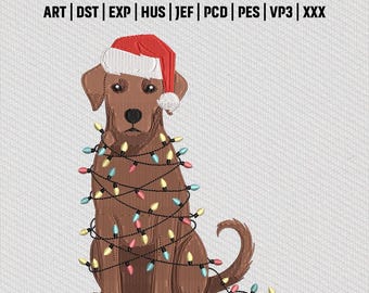 Chocolate Lab Weihnachten Stickdatei, Süßer brauner Hund mit Weihnachtsmannmütze und Lichtern Urlaub Haustier Stickdatei, Instant Download