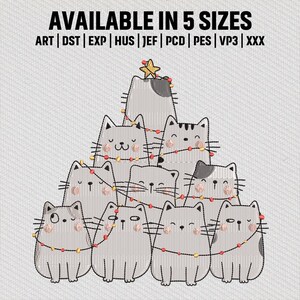 May include: A gray cat-themed design with the text "AVAILABLE IN 5 SIZES". The design features a Christmas tree shape made of cartoon cats, each adorned with a string of lights and a star on top. The design is suitable for embroidery.
