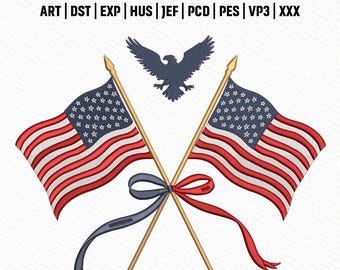 Archivo de bordado de banderas de EE. UU. cruzadas, diseño patriótico de la bandera estadounidense, puntada del Día de la Independencia, descarga instantánea