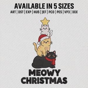 Meowy Christmas Cat Embroidery File, Cute Kitty Stack Tree Embroidery Design, Funny Holiday Pet Embroidery Pattern, Instant Download