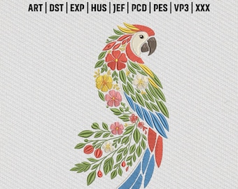 Blumen Papagei Stickdatei, Blumenmuster Tier Stickdatei, 3D Stickdatei, digitaler Download