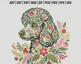Blumen Pudel Stickdatei, Blumenmuster Tier Stickdatei, digitaler Download