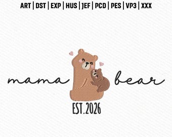Archivo de bordado de Mamá Osa, diseño de madre y osezno, puntada de amor familiar, descarga instantánea.