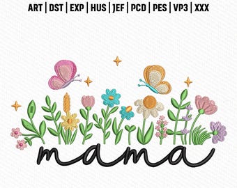 Archivo de bordado Mamá Mariposa, Diseño de Mamá Jardín Floral, Arte de Bordado Flores de Primavera, Descarga Instantánea