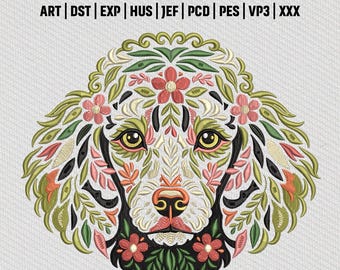 Blumen Pudel Stickdatei, Blumenmuster Tier Stickdatei, digitaler Download