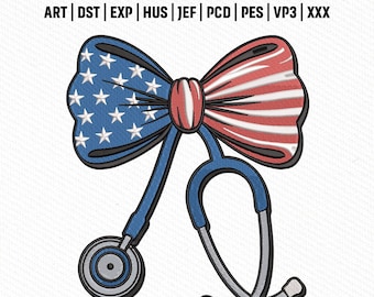 Archivo de bordado de lazo de estetoscopio patriótico, diseño de bandera de EE. UU. para enfermeras, bordado de orgullo médico, descarga instantánea.