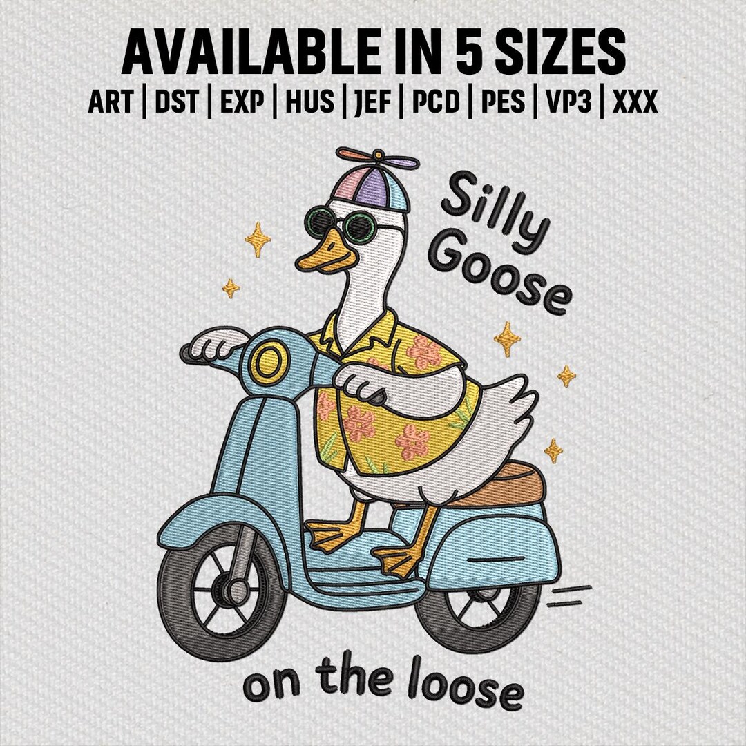 Silly Goose on the Loose Embroidery File, Duck Riding Scooter in Floral ...