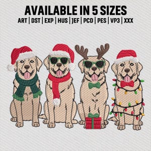 May include: Embroidered design featuring four golden retriever dogs, each adorned with festive holiday accessories. One dog wears a Santa hat and scarf, another a Santa hat and sunglasses, a third with reindeer antlers and a bow tie, and the last with a Santa hat and Christmas lights. Text at the top says "AVAILABLE IN 5 SIZES".