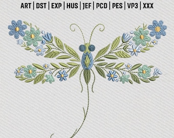 Blumen Libelle Stickdatei, Maschinenstickerei, Insekt (PES DST Digital Download)
