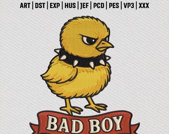 Bad Boy Chick Stickdatei, süßes gelbes Küken mit Stachelkragen Lustiges Tier Stickdatei, Instant Download