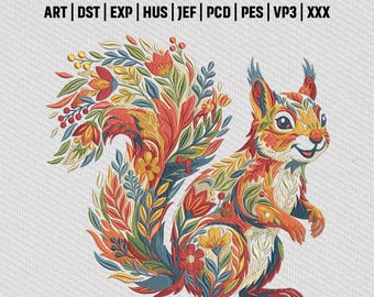 Floral Eichhörnchen Stickdatei, Blumenmuster Tier Stickdatei, digitaler Download