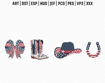 Archivo de bordado patriótico del oeste de EE. UU., diseños de banderas, sombreros y botas de vaquero, descarga instantánea.
