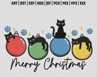 Frohe Weihnachten Katze Ornament Stickdatei, Schwarze Katze Urlaub Stickmuster, Stickmuster Stickmuster, Instant Download