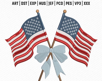Archivo de bordado de lazo con la bandera estadounidense, diseño de cinta patriótica de EE. UU., puntada del 4 de julio, descarga instantánea.