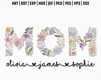 Archivo de bordado con letras florales MOM, diseño de alfabeto floral primaveral, arte botánico de puntada, descarga instantánea