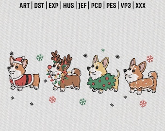 Corgis Weihnachten Stickmuster, niedlicher Urlaub Hund Kostüm Stickdatei, Instant Download