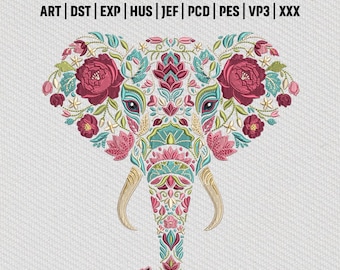 Floral Elefant Stickdatei, Mandala Tier Blumenmuster, digitaler Download