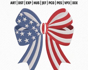 Archivo de bordado de lazo patriótico de EE. UU., diseño de la bandera estadounidense en rojo, blanco y azul, descarga instantánea.