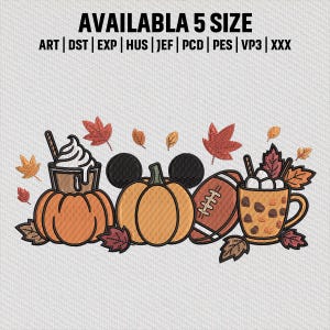 Fall Pumpkin Coffee Embroidery File, Autumn Leaves Football Embroidery Design, Cute Cozy Season Digital Stitch, Instant Download