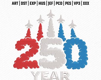Archivo de bordado de humo de aviones a reacción del 250 aniversario, diseño patriótico de espectáculo aéreo de EE. UU. 1776-2026, puntada de celebración de la libertad, descarga instantánea.