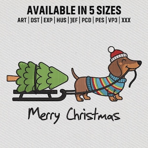 May include: A cartoon illustration of a dachshund wearing a striped sweater and a red hat, pulling a Christmas tree on a sled. The text "Merry Christmas" is below the image. The image is available in 5 sizes.