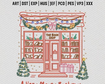 A Very Merry Bookmas Bookshop Stickdatei, Weihnachten Buchladen Szene, Lese Urlaub Stickdatei, Instant Download
