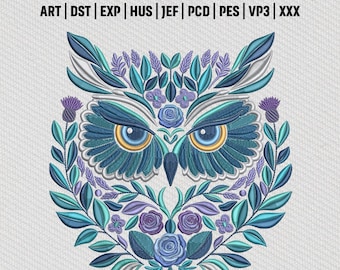 Blumen Eule Stickdatei, Botanisches Tier Mandala Vogel Design, digitaler Download