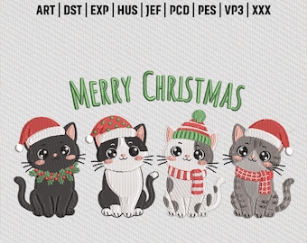 Frohe Weihnachten Katzen Stickerei digitale Datei, süße Kätzchen mit Weihnachtsmannmützen und Schals, festliche Haustierliebhaber Maschinenstickerei
