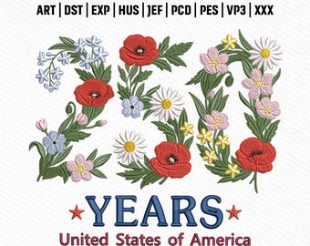 Archivo de bordado de los años florales de EE. UU., diseño de números florales patrióticos 1776-2026, descarga instantánea.