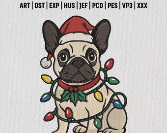 Archivo de bordado de bulldog francés navideño, diseño de gorro de Papá Noel con un perro adorable, patrón de puntada divertido para mascotas navideñas, descarga instantánea