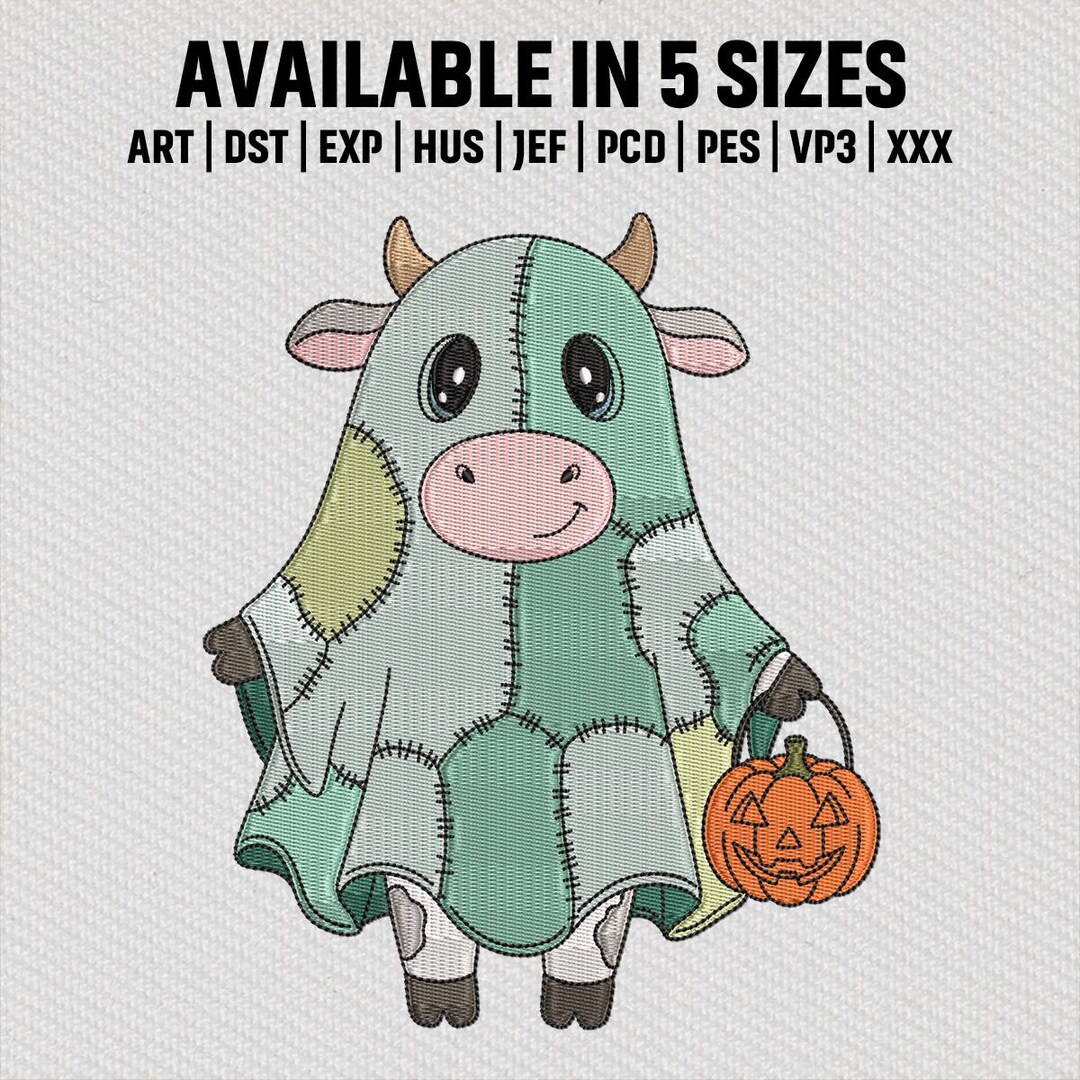 Cow in Ghost Costume Halloween Embroidery File, Patchwork Quilt Style ...