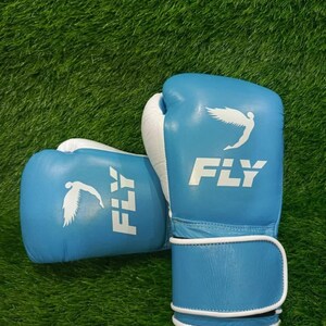 以下が含まれることがあります： 白のアクセントと白い文字で「FLY」とプリントされた青いボクシンググローブのペア。手袋は緑色の背景に配置されています。