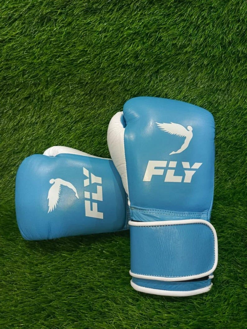 以下が含まれることがあります： 白のアクセントと白い文字で「FLY」とプリントされた青いボクシンググローブのペア。手袋は緑色の背景に配置されています。