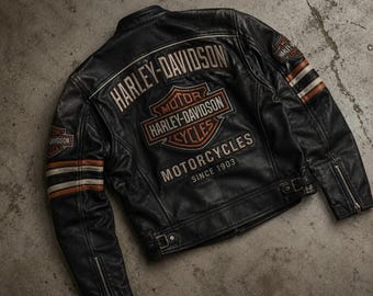 ハーレーダビッドソン レザーバイカージャケット | 刺繍ロゴ、ダメージ加工ブラックモーターサイクルコート