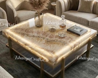 Cream Onyx Coffee Table, Square Natural Stone Centerpiece, Luxury Marble Furniture