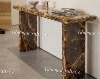 Handcrafted Brown Onyx Console Table, Modern Natural Stone Hallway Furniture