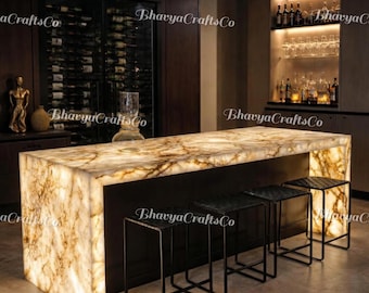 Encimera de isla de cocina de cuarcita Cristallo retroiluminada - Mesa de comedor de lujo con piedra preciosa translúcida y encimera de bar moderna