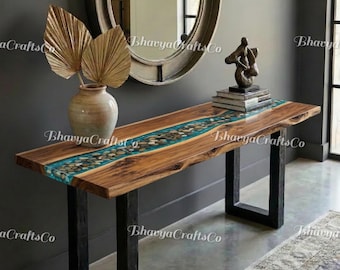 Live Edge Resin Console Table, River Pebble Inlay, Rustic Entryway Furniture