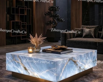 Handcrafted Blue Onyx LED Coffee Table, Illuminated Luxury Stone Furniture