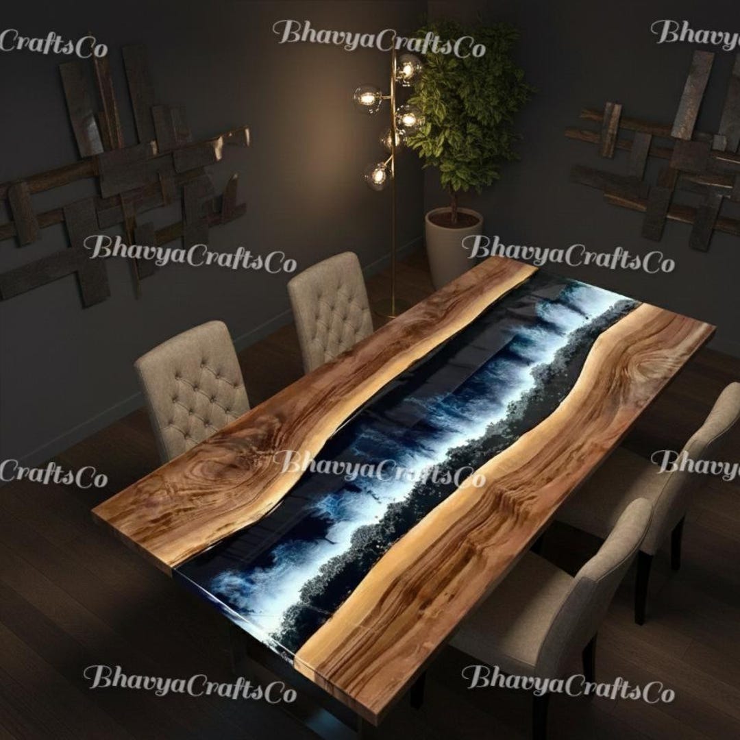 Luxury Walnut Wood & Deep Blue Epoxy River Dining Table, Live Edge ...