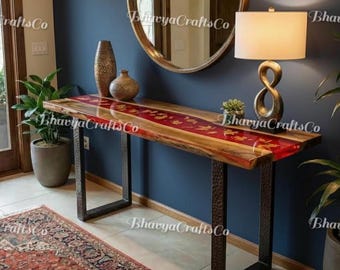 Live Edge Epoxy Console Table, Red Resin River Entryway Table, Modern Handmade Wood Furniture