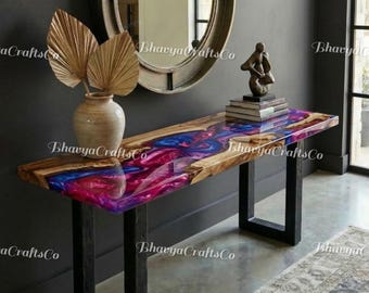 Purple Blue Resin River Console Table, Live Edge Wood Sofa Table, Artistic Entryway Furniture